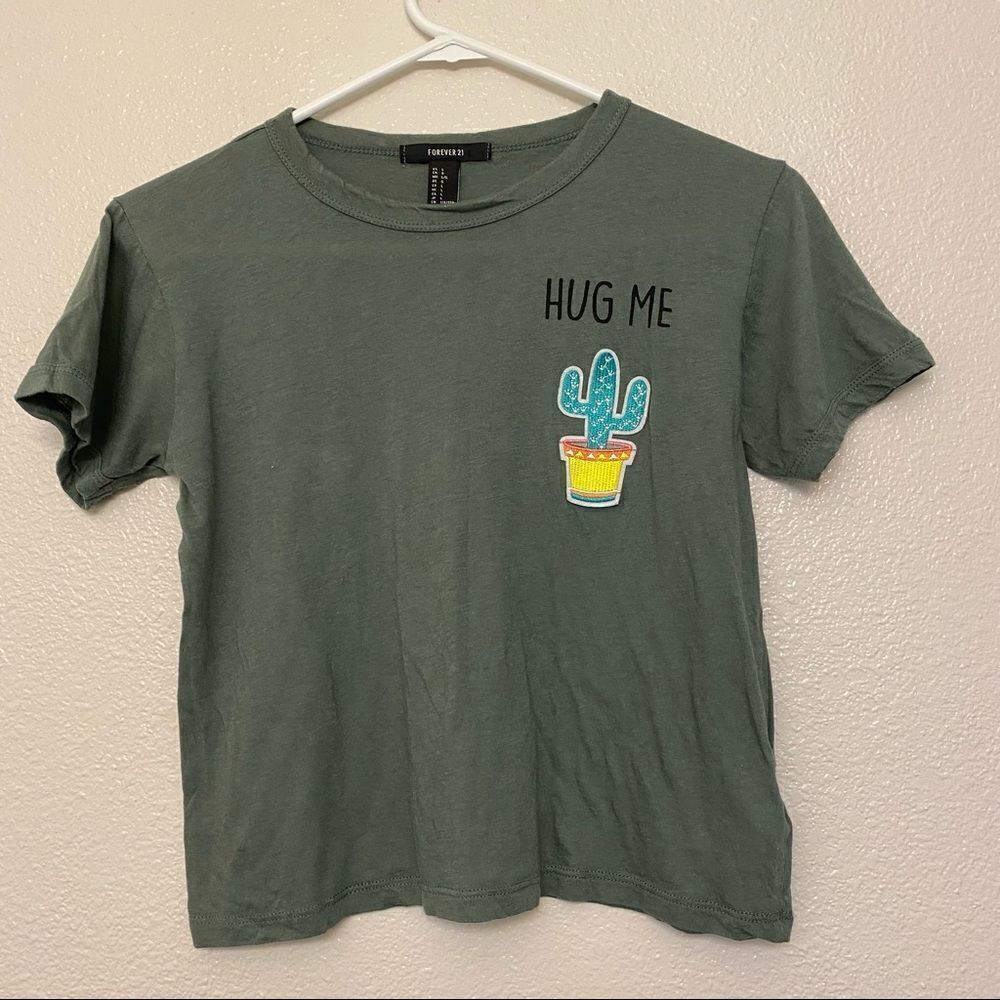 Forever 21 green cropped short sleeve crew neck t shirt top hug me cactus-L teen
